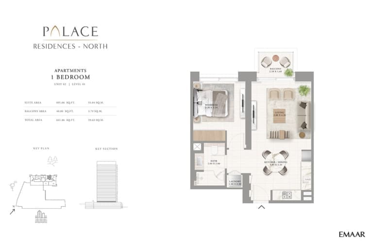 Palace Residence North 1 Bedroom Apartment Unit 02 Floor Plan