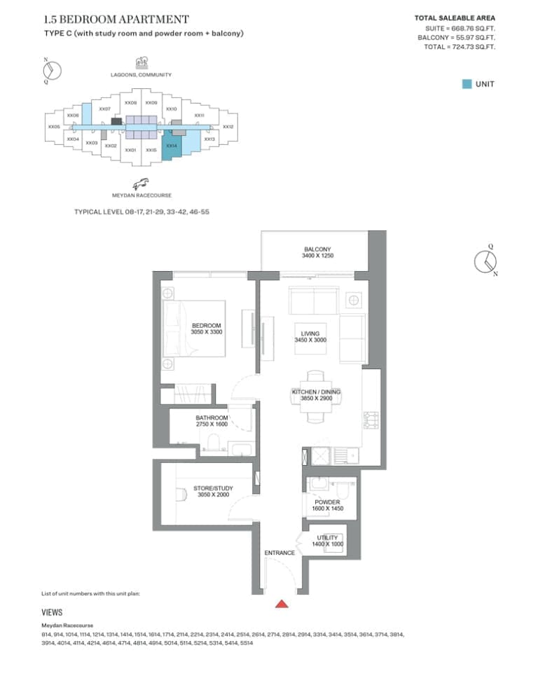 320 Riverside Crescent 1.5 Bedroom Apartment Type C Floor Plan