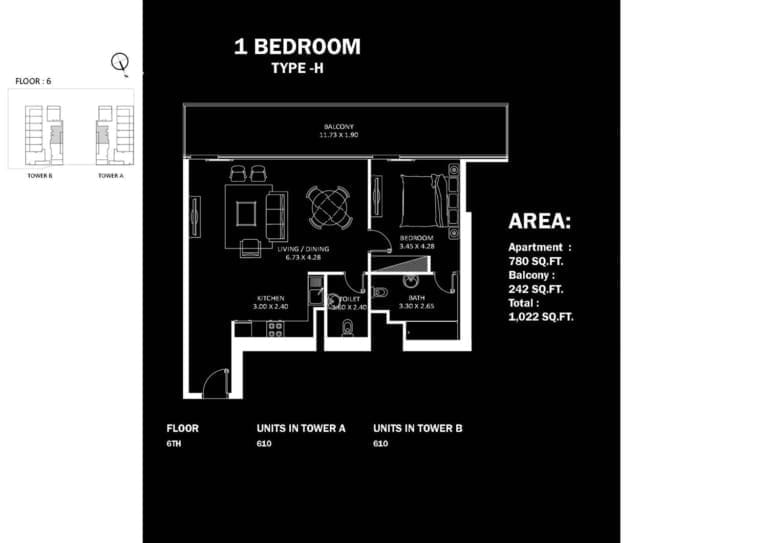 Danube Elitz 2 -1 Bedroom Apartment Type H Floor Plan