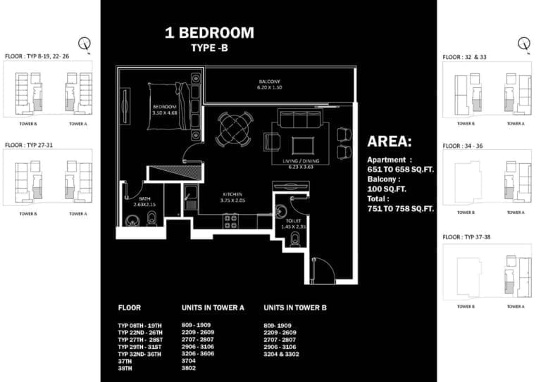 Danube Elitz 2 -1 Bedroom Apartment Type B Floor Plan