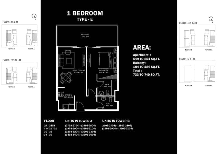 Danube Elitz 2 -1 Bedroom Apartment Type E Floor Plan