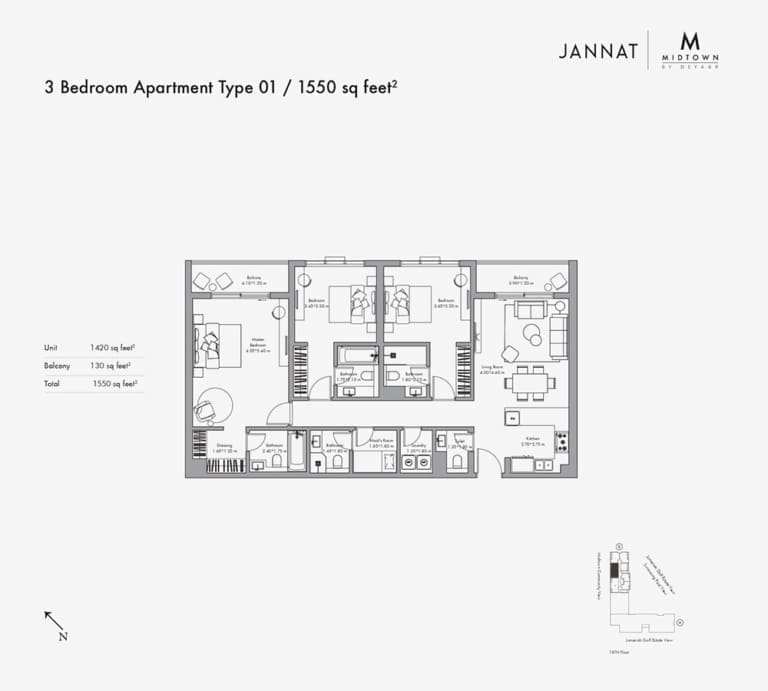 Jannat by Deyaar 3 Bedroom Apartment Type 01 Floor Plan
