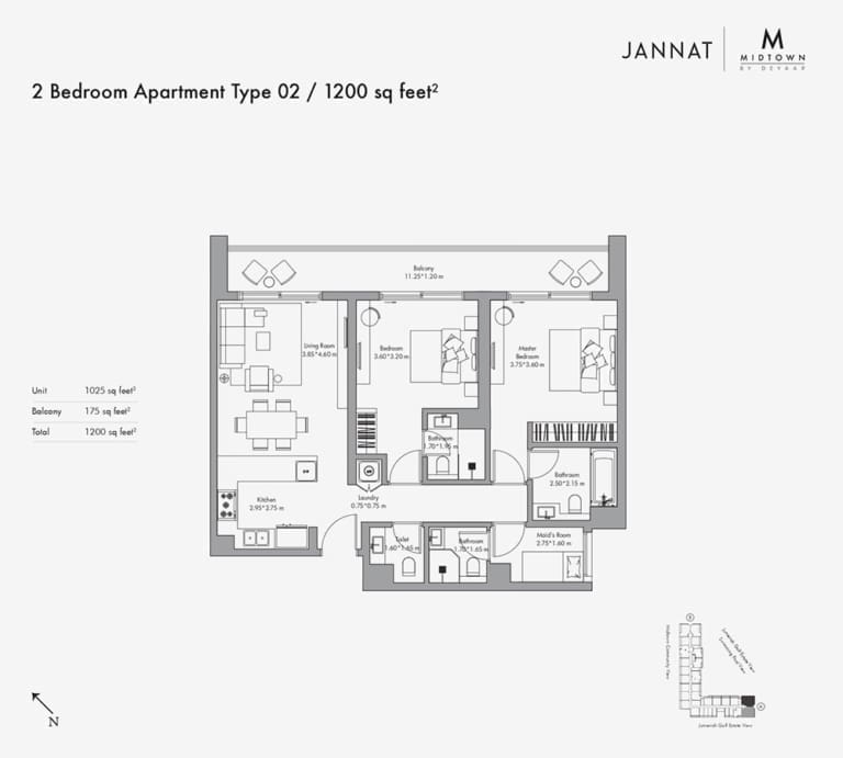 Jannat by Deyaar 2 Bedroom Apartment Type 02 Floor Plan