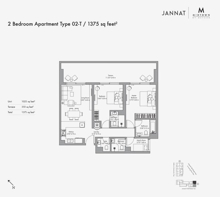 Jannat by Deyaar 1 Bedroom Apartment Type 02-T Floor Plan