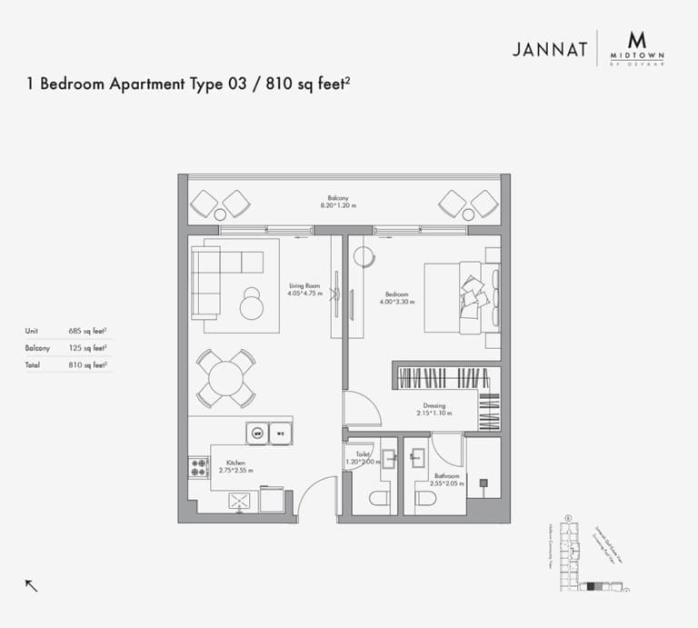 Jannat by Deyaar 1 Bedroom Apartment Type 03 Floor Plan