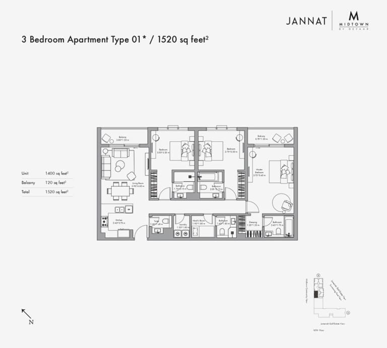 Jannat by Deyaar 3 Bedroom Apartment Type 01 -1 Floor Plan