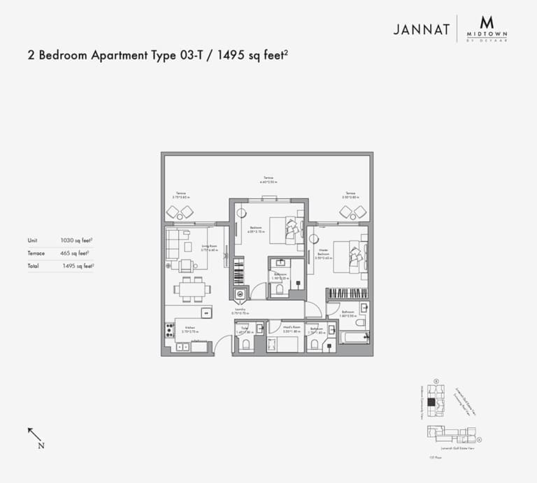 Jannat by Deyaar 2 Bedroom Apartment Type 03-T Floor Plan