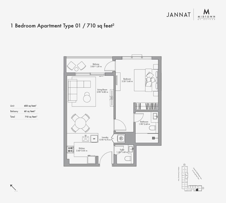 Jannat by Deyaar 1 Bedroom Apartment Type 01 Floor Plan