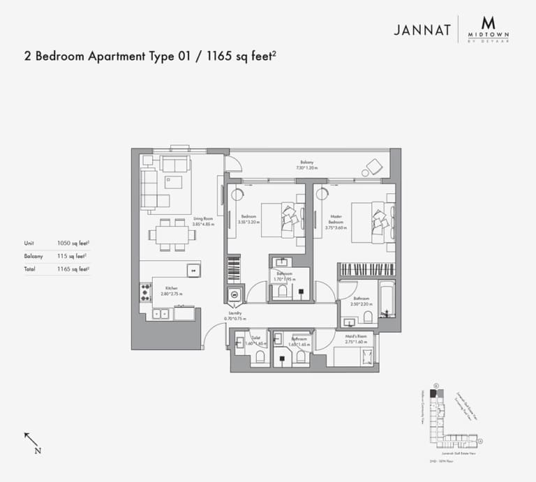 Jannat by Deyaar 2 Bedroom Apartment Type 01 Floor Plan
