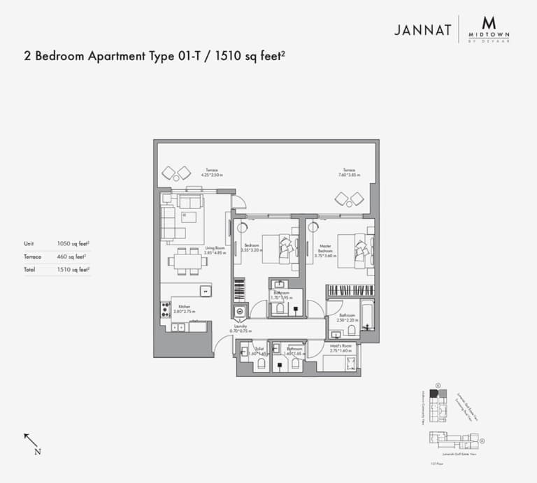 Jannat by Deyaar 2 Bedroom Apartment Type 01-T Floor Plan