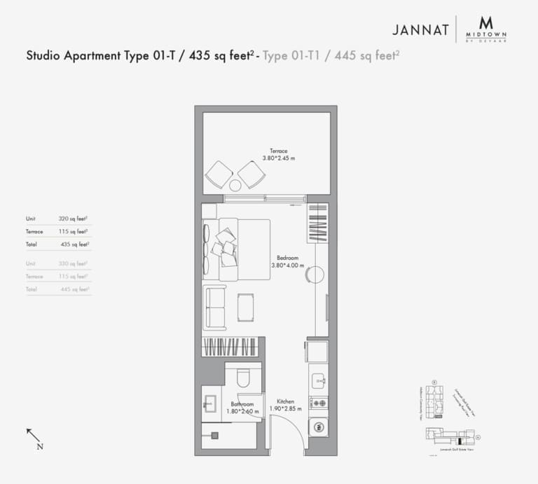 Jannat by Deyaar Studio Apartment Type 01-T Floor Plan