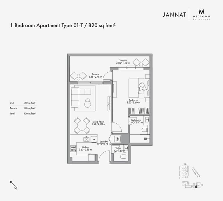 Jannat by Deyaar 1 Bedroom Apartment Type 01-T Floor Plan