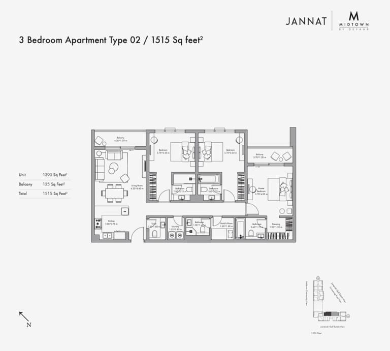 Jannat by Deyaar 3 Bedroom Apartment Type 02 Floor Plan