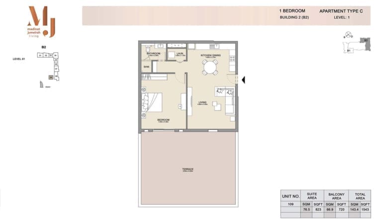 Lamtara Building 2 – 1 Bedroom Apartment Type C Floor Plan