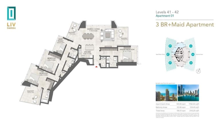 LIV Marina 3 Bedroom Plus Maid Apartment 01 Floor Plan
