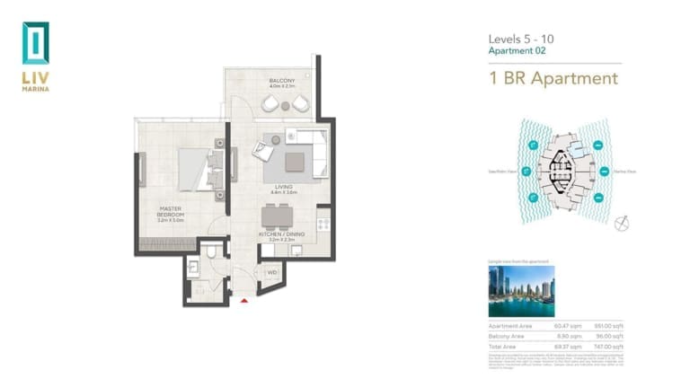 LIV Marina 1 Bedroom Apartment 02 Level 05-10 Floor Plan