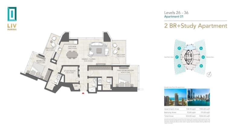 LIV Marina 2 Bedroom Plus Study Apartment 01 Floor Plan