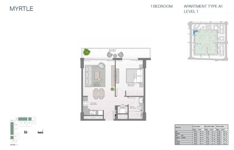 Myrtle 1 Bedroom Apartment Type A1 Floor Plan