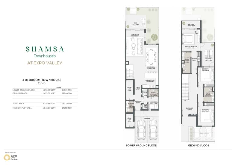 SHAMSA 3 Bedroom Townhouses Type 1 Floor Plans