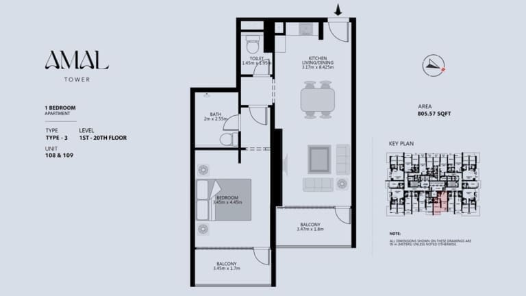 Amal Tower 1 Bedroom Apartment Type 3 Floor Plan