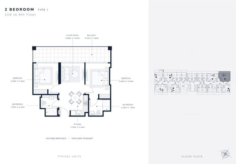 Azizi Riviera 65 – 2 Bedroom Apartment Type 1 Floor Plan