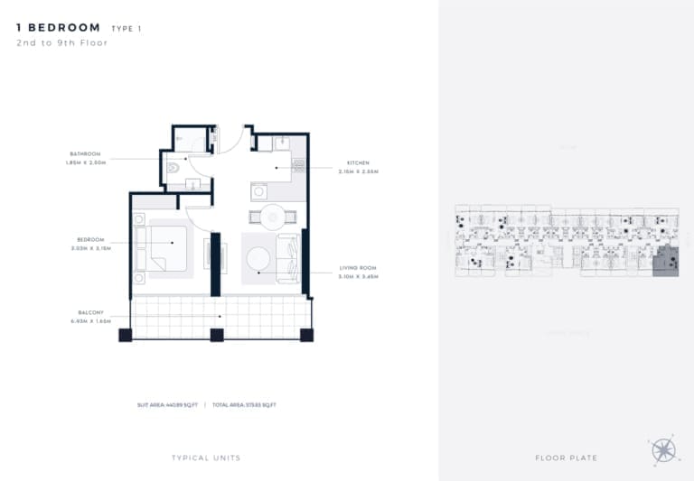 Azizi Riviera 65 – 1 Bedroom Apartment Type 1 Floor Plan