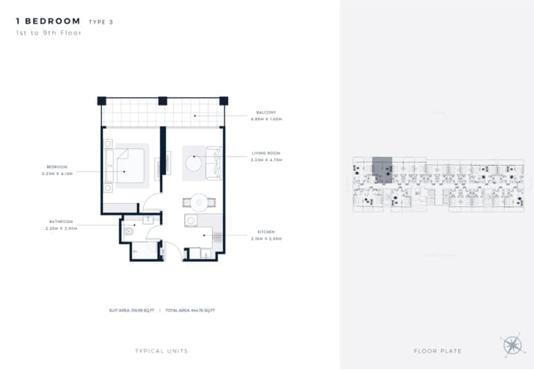 Azizi Riviera 65 – 1 Bedroom Apartment Type 3 Floor Plan