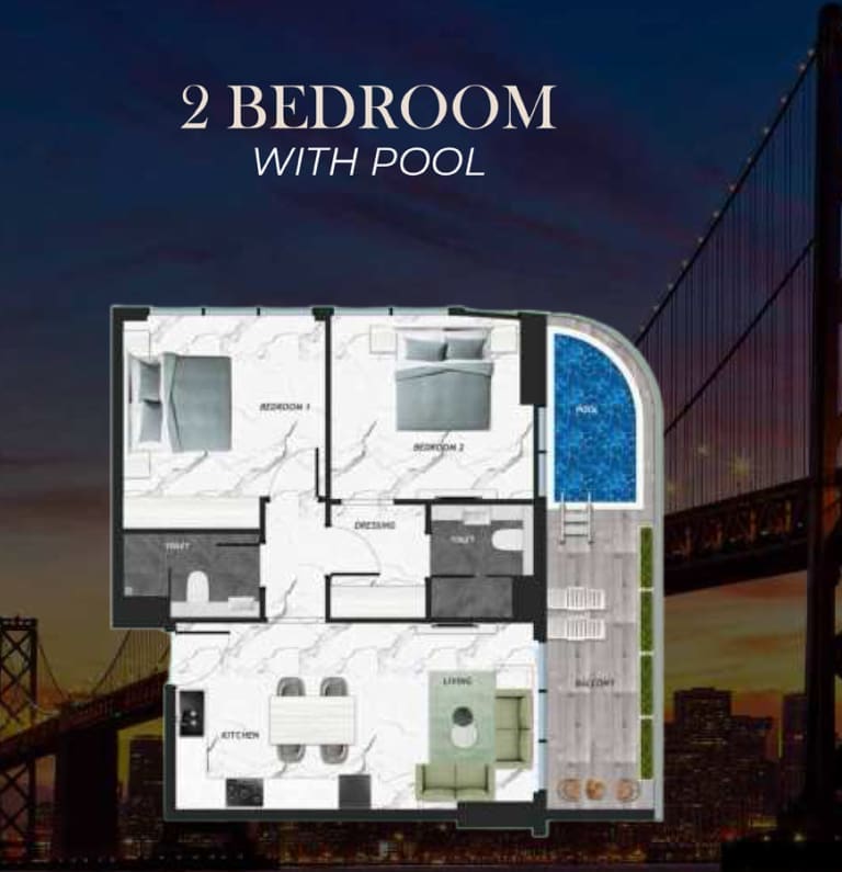 California by Samana 2 Bedroom Apartment with Pool Floor Plan