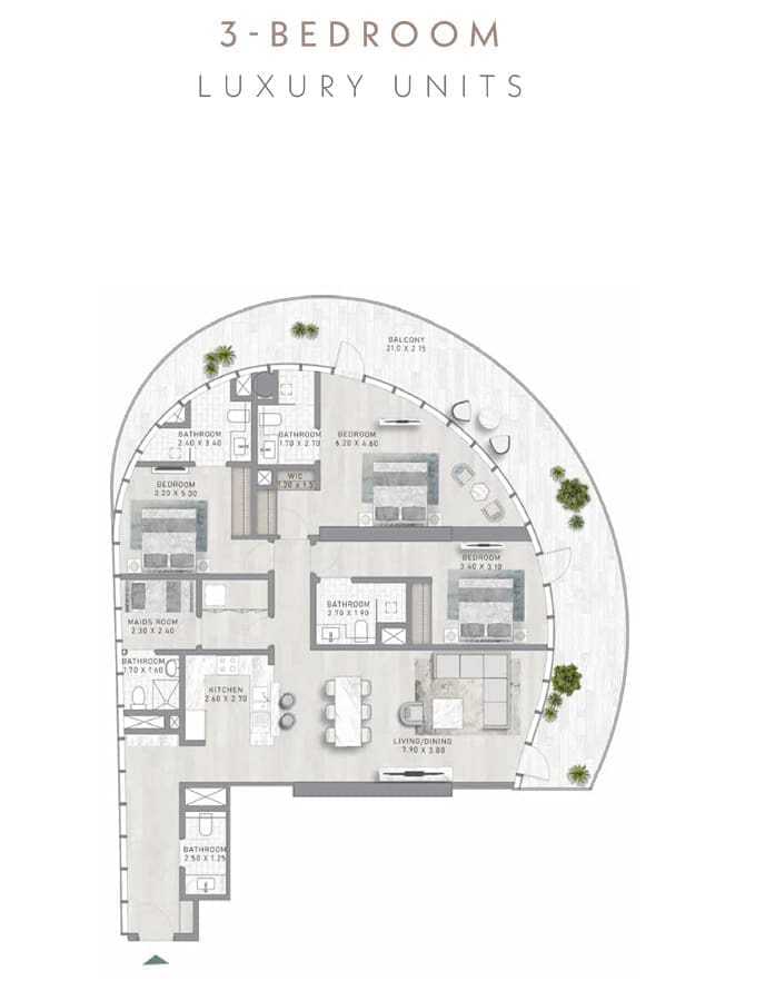 Damac Skyluxe Collection 3 Bedroom Apartment – 1 Floor Plan