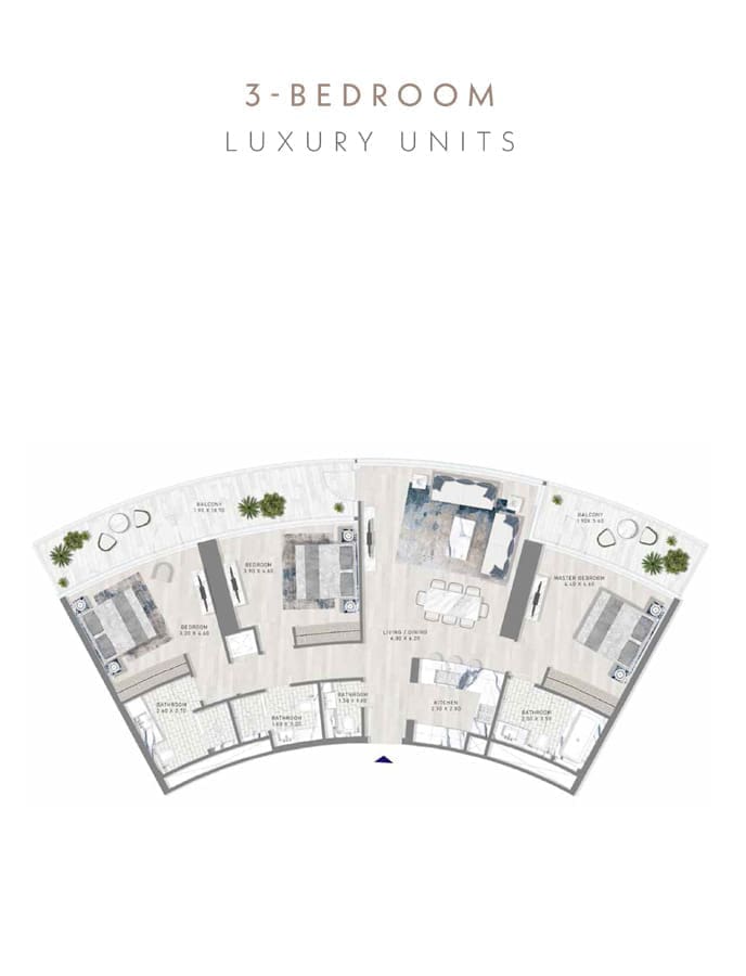 Damac Skyluxe Collection 3 Bedroom Apartment – 2 Floor Plan