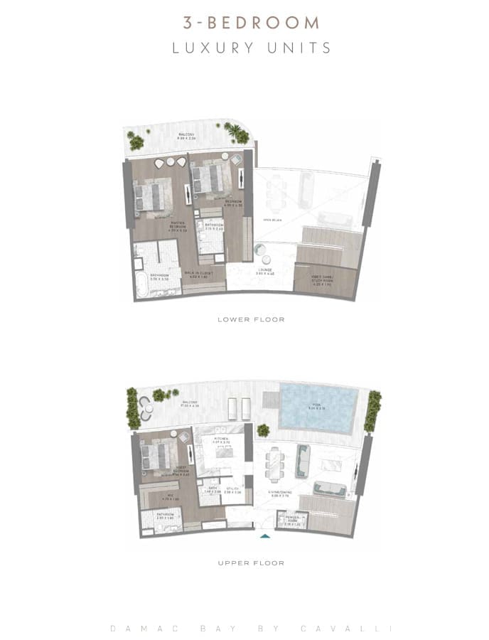 Damac Skyluxe Collection 3 Bedroom Apartment – 3 Floor Plan