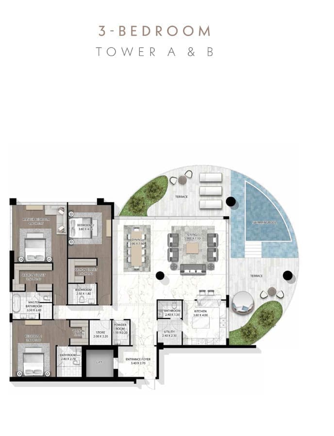 Damac Skyluxe Collection 3 Bedroom Tower A & B Floor Plan