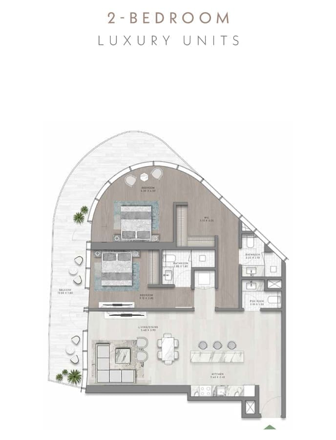Damac Skyluxe Collection 2 Bedroom Apartment – 2 Floor Plan