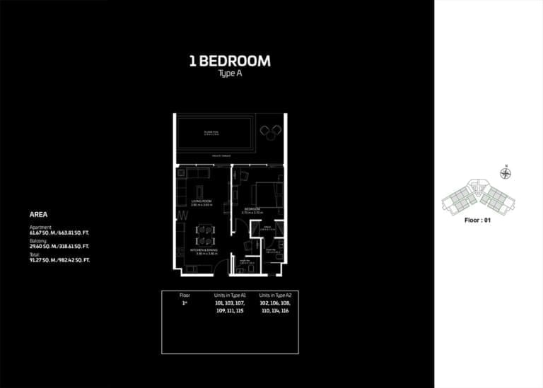 Gemz by Danube 1 Bedroom Apartment Type A Floor Plan