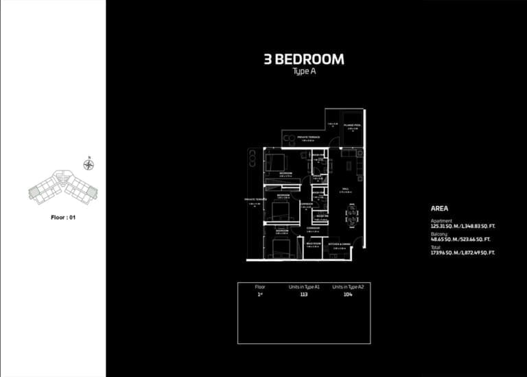 Gemz by Danube 3 Bedroom Apartment Type A Floor Plan