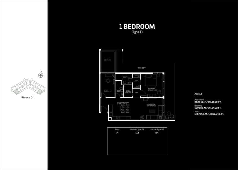 Gemz by Danube 1 Bedroom Apartment Type B Floor Plan