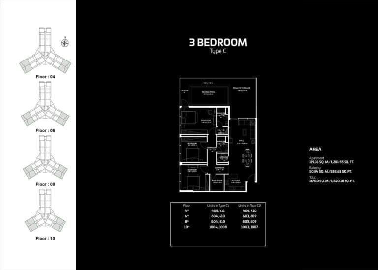 Gemz by Danube 3 Bedroom Apartment Type C Floor Plan