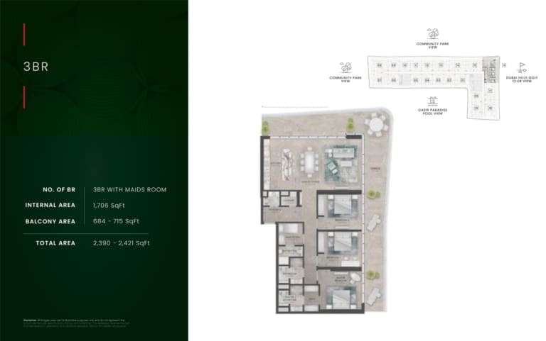 The Golf Residence 3 Bedroom with Maid Room Floor Plan