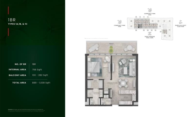 The Golf Residence 1 Bedroom Apartment Type 1A, 1B, 1C Floor Plan