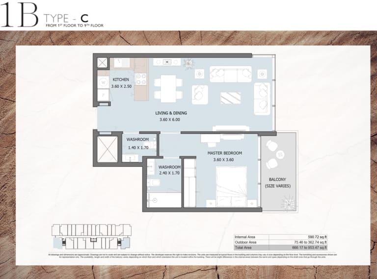 Verdana Residence 2 – 1 Bedroom Apartment Type C Floor Plans