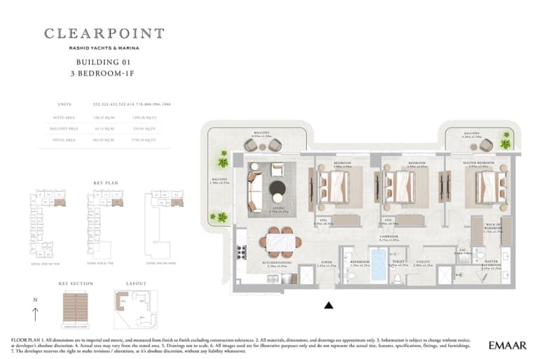Clearpoint Building 1 – 3 Bedroom Apartment Type 1F Floor Plan