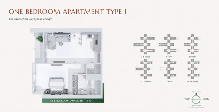 Golf Views Seven City 1 Bedroom Apartment Type 1 Floor Plan