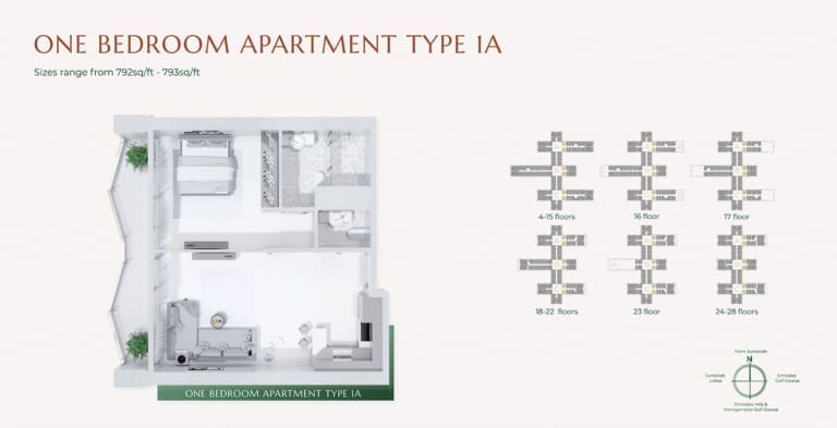 Golf Views Seven City 1 Bedroom Apartment Type 1A Floor Plan