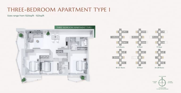 Golf Views Seven City 3 Bedroom Apartment Type 1 Floor Plan