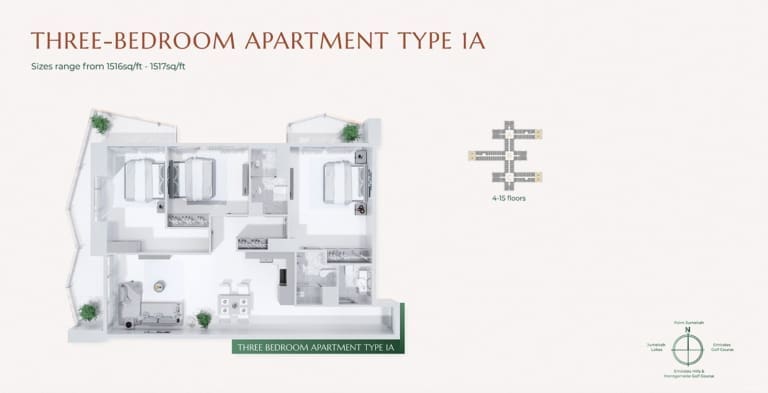 Golf Views Seven City 3 Bedroom Apartment Type 1A Floor Plan