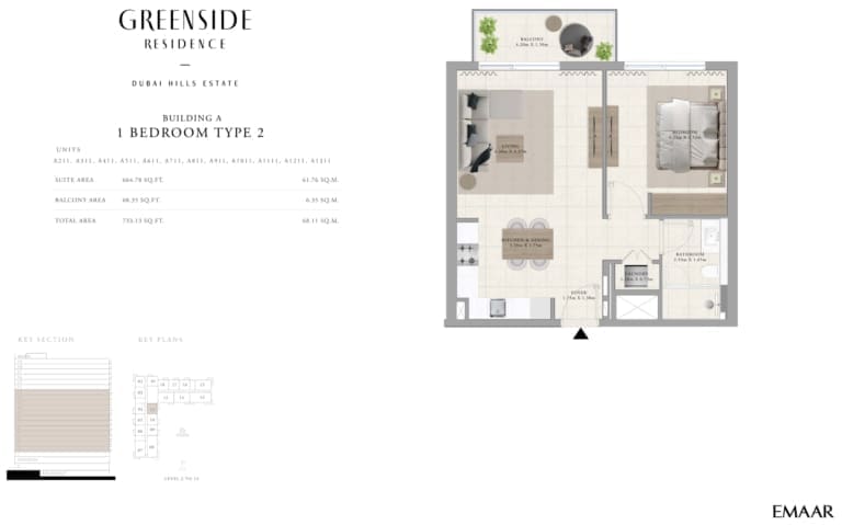 Greenside Residence Building A – 1 Bedroom Apartment Type 2 Floor Plan