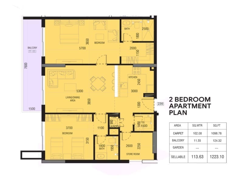 Joya Blanca Residences 2 Bedroom Apartment Floor Plan