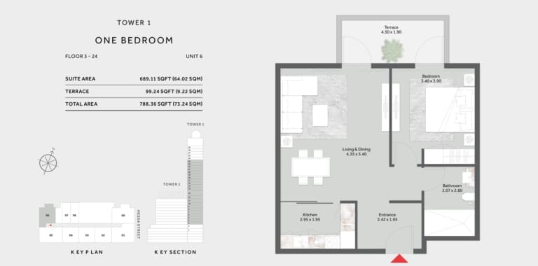 Marriott Residence Tower 1 – 1 Bedroom Apartment 3-24 Floor Plan