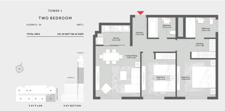 Marriott Residence Tower 1 – 2 Bedroom Apartment 12 to 24 Floor Plan