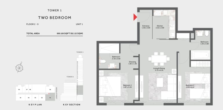 Marriott Residence Tower 1 – 2 Bedroom Apartment 2 to 9 Floor Plan